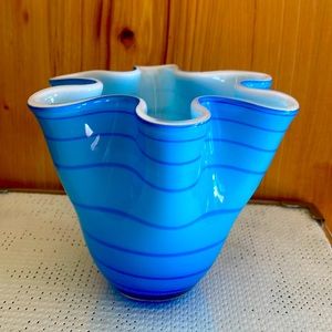 VINTAGE‎ Hand Blown Handkerchief Striped Blue Vase